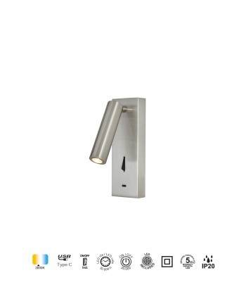 TARIFA III * APLIQUE LECTOR LED 3W 3000K NICKEL SATIN TYPE-C CARGADOR
